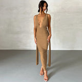 Women Dresses Summer Sexy Deep V-neck Backless Fold Split Dress