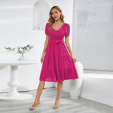 Women Date Dress V-neck Pleated Lace-up Dress