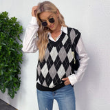 Women Knitted Sweater Autumn Plaid V-neck Thermal Knitting Sweater Vest for Women
