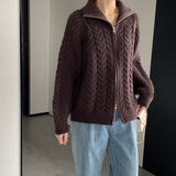 Women Cardigan Sweater Coat Long Sleeve Loose Zip Turn-down Collar Coat L1216
