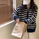 Women Knitwear Autumn and Winter Striped Lapel Double Zipper Sweater Coat Knitted Cardigan