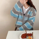 Women Knitwear Autumn and Winter Striped V-neck Napping Sweater Loose Knitted Cardigan