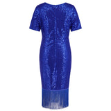 Women Date Dress round Neck Vintage Sequined Tassel Evening Dress