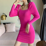 Women Maxi Dress Fall/Winter Square Collar Puff Sleeve Hip Knitwear Dress