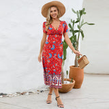 Women Date Dress Floral Dress Short Sleeve V-neck Bohemian A- line Skirt