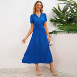 Women Date Dress Spring and Summer Sexy V-neck Pleated Dress