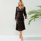 Women Date Dress Autumn and Winter Dress Sexy V-neck Polka Dot Printing Long-Sleeved Fishtail Dress
