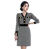 Women Maxi Dress Autumn and Winter V-neck Slim Houndstooth Knitted Dress
