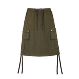 Women Long Skirt Ribbon Drawstring Suit Skirt Multi-Pocket Mid-Length A- line Skirt