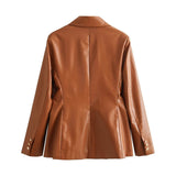 Women Leather Jacket Autumn Suit Metal Double Breasted Pocket Long Sleeve Pu Jacket