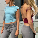 Women Knit Top Tight Short Sleeve Navel Turtleneck T-shirt