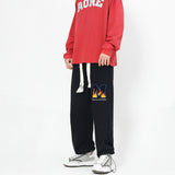 Men Jeans Flame Letter Flocking Embroidered Slacks