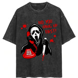 Washed Diablo Halloween printed street retro t-shirt, crew neck short sleeves