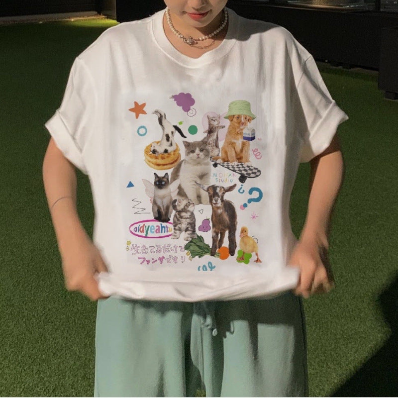 Cute Milk Cat Graphic T-Shirts for Women Oversized Retro