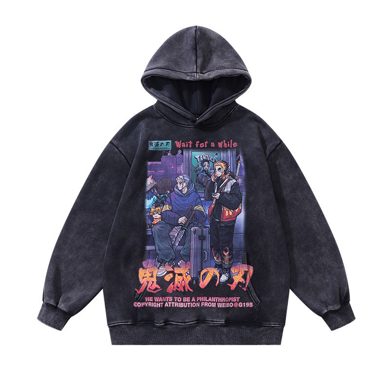 Men Hoodie Cartoon Printing plus Velvet Washed Loose Couple Hooded Sweater