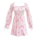 Women Dresses Summer Vacation Peony Printed Puff Sleeve Bow Dress (Xds0414)
