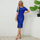 Women Date Dress round Neck Vintage Sequined Tassel Evening Dress