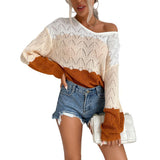 Women Knitted Sweater Autumn Breathable Hollow-out Spliced Long Sleeve round Neck Knitted Sweater