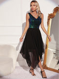 Women Evening Gown Sexy Retro Chiffon Stitching Green Sequins Dress