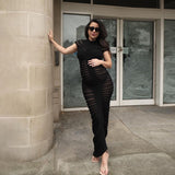 Women Dresses Autumn Short Sleeve Long Skirt Sexy Slim Knit Dress (Bla0420)