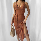 Women Knit Beach Cover Beach Casual Solid Color Knitted Spaghetti Straps Knitted Dress