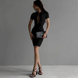 Women Dresses Summer Hollow Slim Solid Color Short Sleeve Dress