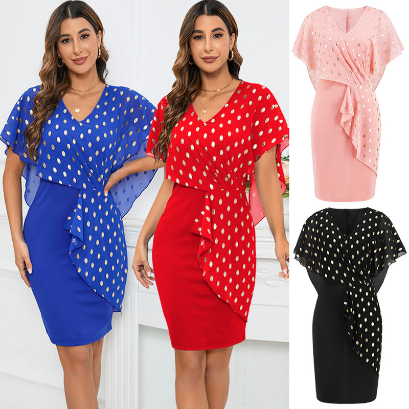 Women Date Dress Summer Polka Dot Printed Chiffon Dress V-neck Hip Skirt