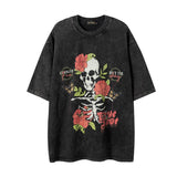 Men T Shirt Hip Hop Washed Vintage Rose Skull Short Sleeve T-shirt