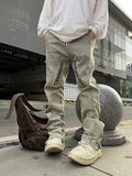 Men Jeans Worn Looking Washed-out Side Zipper Slightly Flared Jeans