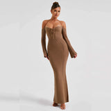 Women Dresses Spring Sexy Backless Lace up Slim Fit Hollow out Long Sleeve Dress