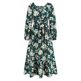 Women Date Dress Autumn Winter Sexy Long Sleeve V-neck Lantern Sleeve Backless Floral Long Tie Dress