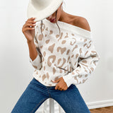 Women Knitted Sweater Autumn and Winter Knitting Leopard Print Long Sleeve off-Shoulder off-the-Shoulder Sweater