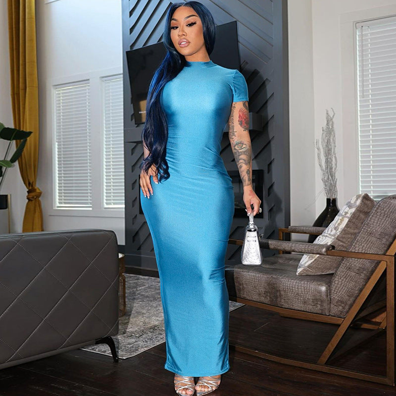 Women Dresses Summer Slim Fit Backless Short Sleeve round Neck Dress