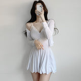 Women Dresses V-neck Lace Ruffled Suspender Skirt Dress Suit