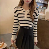 Women Knitwear Autumn and Winter Striped Lapel Knitwear Pullover Sweater