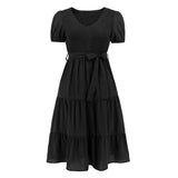 Women Date Dress V-neck Pleated Lace-up Dress