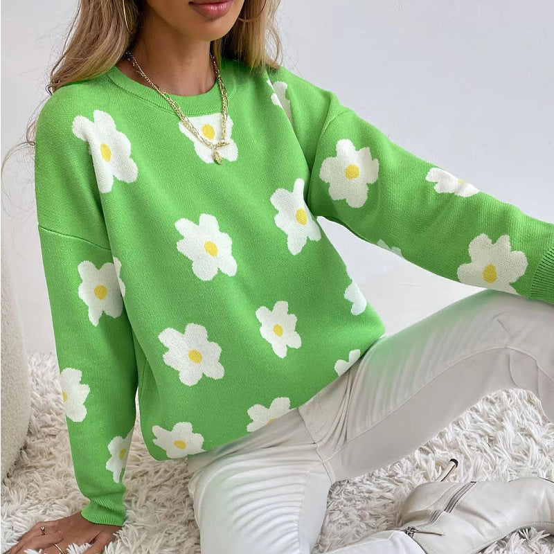Women Knitted Sweater Leisure Pullover Knitted Sweaters Women's Clothing round Neck Long Sleeve Loose Jacquard Sweater