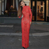 Women Dresse Long Sleeve round Neck Sexy Hollow-out Lace Skirt