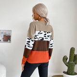 Women Knitted Sweater Autumn and Winter Leisure Top Leopard Print Color Block Long Sleeves Outerwear Sweater