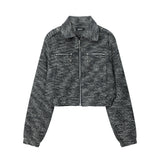 Women Jacket Striped Color Contrast Short Jacket Lapel Zip Long Sleeve Coat