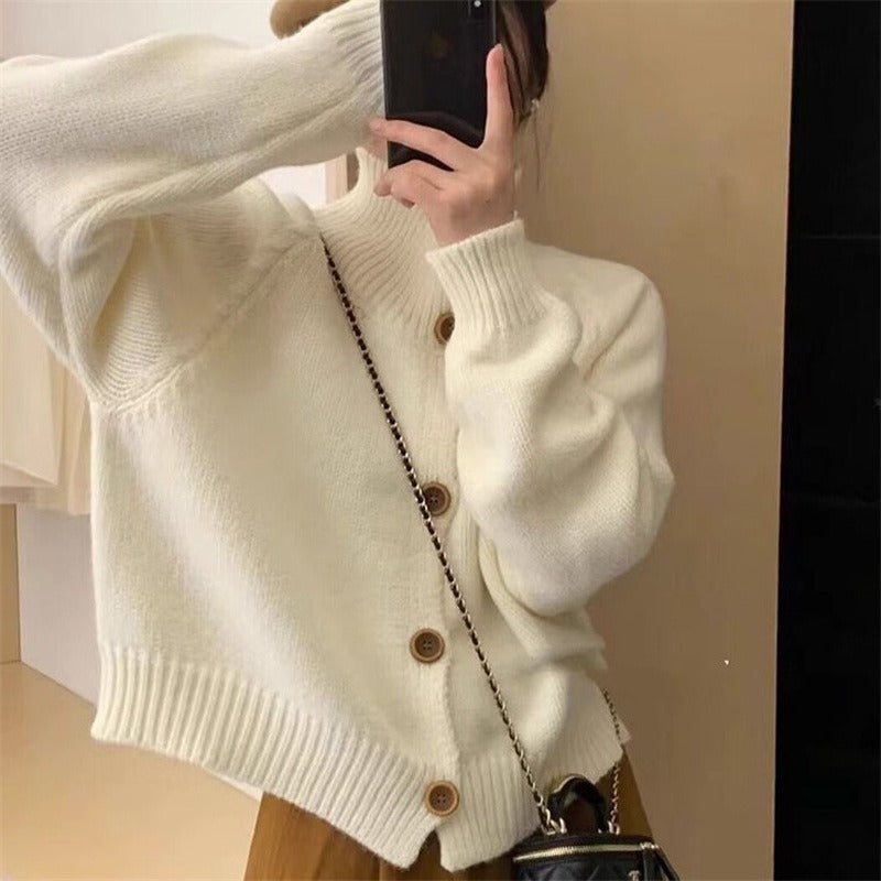 Women Knitted Cardigan Retro Turtleneck Button Autumn and Winter Sweater