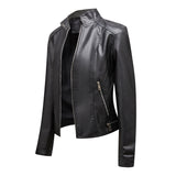 Red Leather Jacket Casual Leather Clothing Women's Stand Collar Zipper Slim Fit Motorcycle Clothing