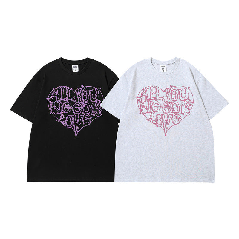 Men T Shirt Vintage Love Heart Letter Print Short-Sleeve T-shirt
