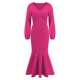 Women Date Dress V-neck Fishtail Skirt Elegant High Waist Evening Long Dress
