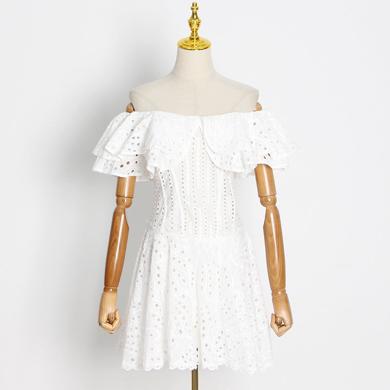 Women Dresses Summer Hollow Embroidered Dress Short Skirt (Qymy0409)