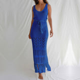 Women Knit Beach Cover Sun-Proof Beach Dress Hollow out Strap Long Dress with Tassel