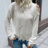 Women Knitted Sweater Autumn and Winter Shabby Long Sleeve Hollow out White High Collar Sweater