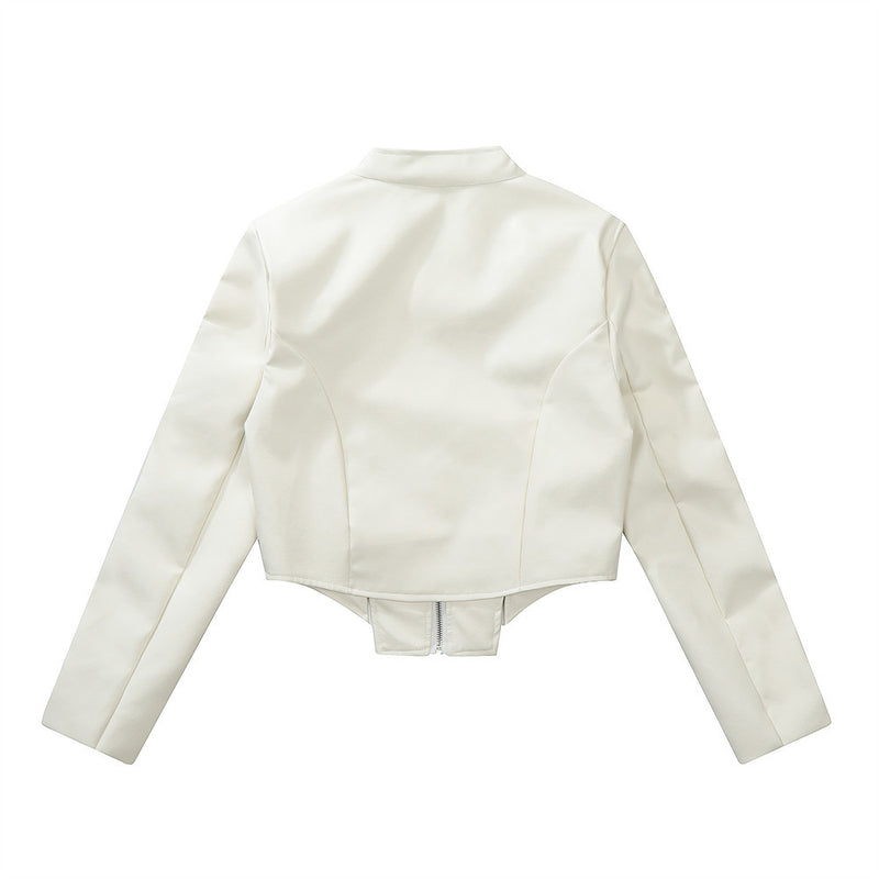 Women Jacket PU Leather Coat Stand Collar Embroidery Irregular Short Leather Jacket