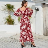 Women Date Dress Autumn Winter Sexy Long Sleeve V-neck Lantern Sleeve Backless Floral Long Tie Dress