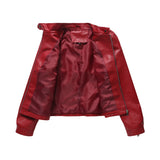 Red Leather Jacket Casual Leather Jacket Spring and Autumn Women's Leather Jacket Long Sleeve Zipped Stand Collar Coat